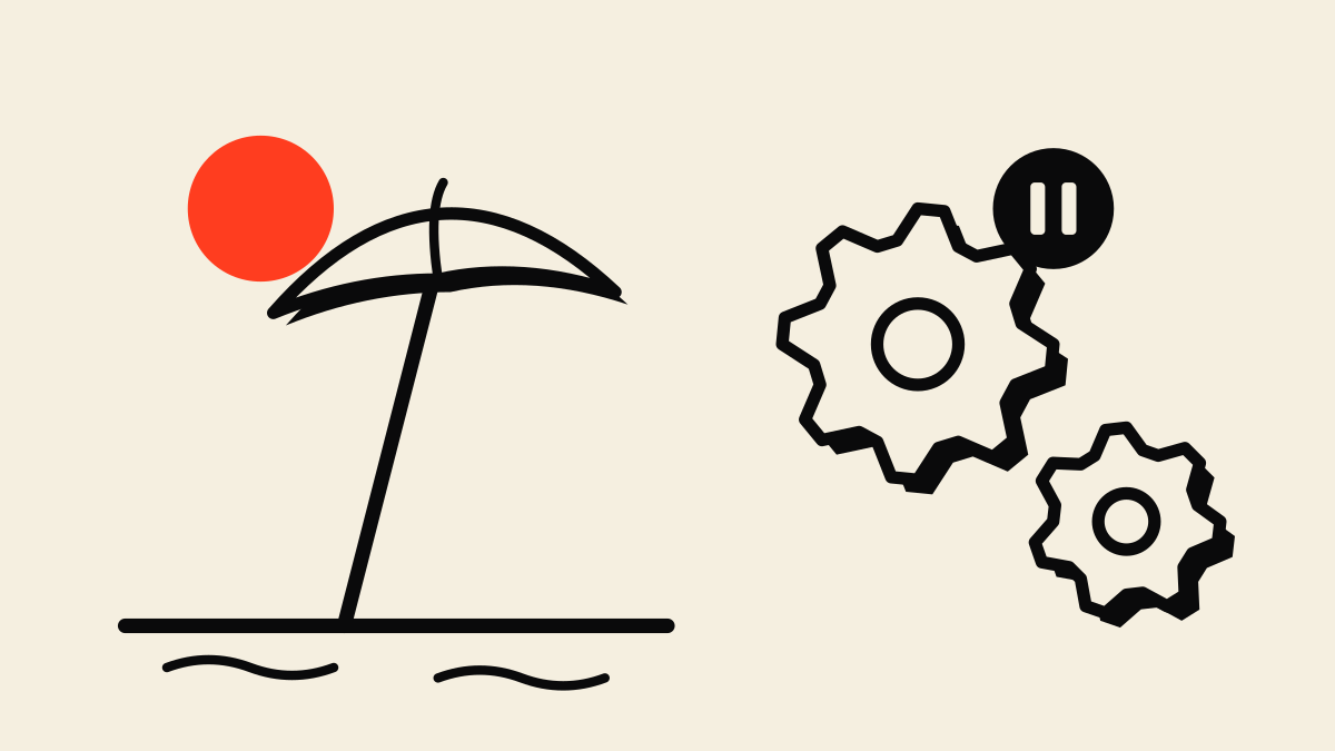 A beach umbrella in the sun next to two stalled gears with a pause symbol, showing work that stops when one person is away