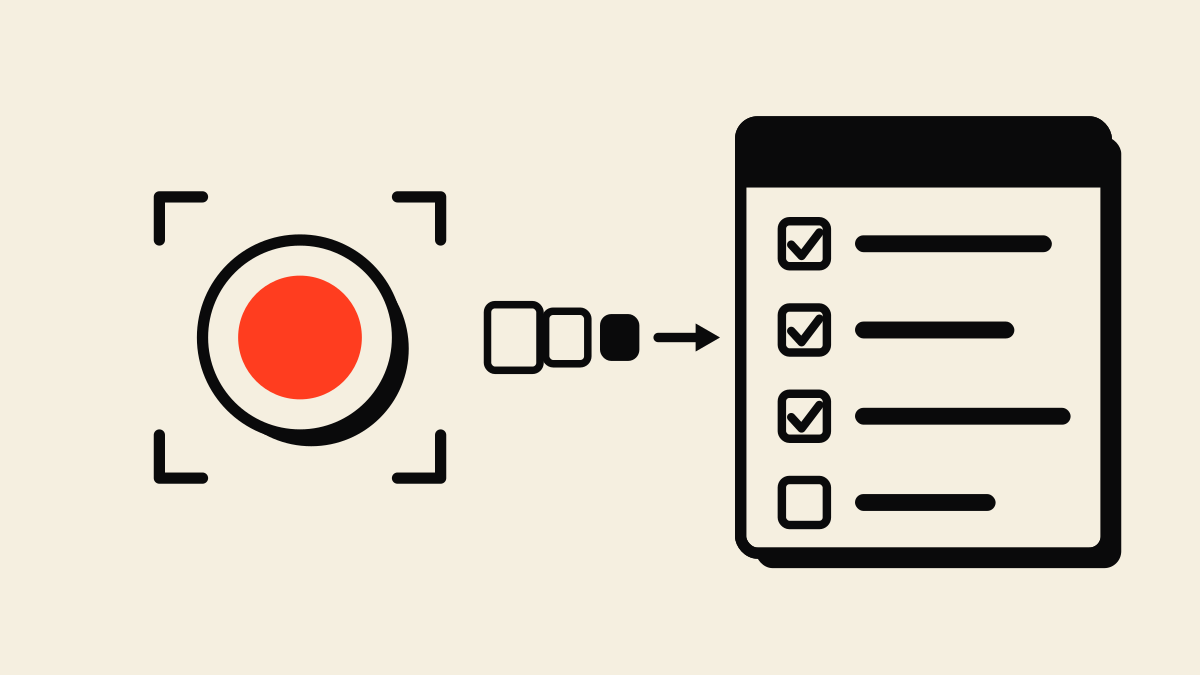 A record button feeding into a checklist, showing how to write SOPs with AI by recording a task once