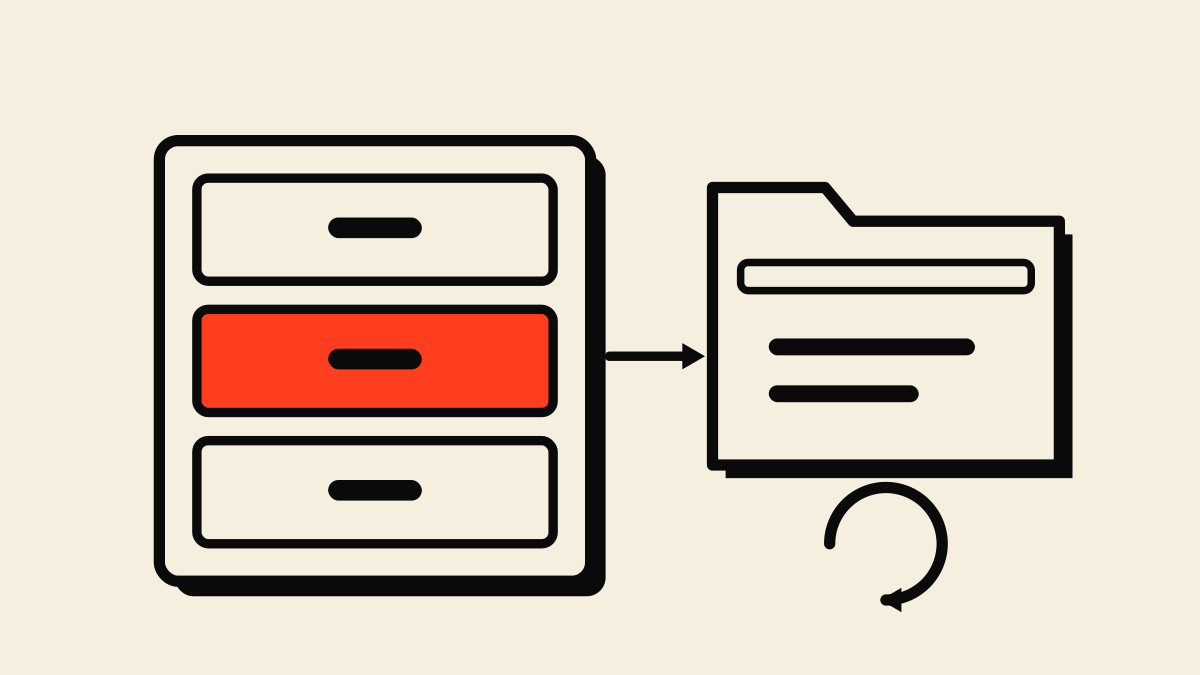A file cabinet with one highlighted drawer next to a folder and a repeat arrow for the quarterly SOP review