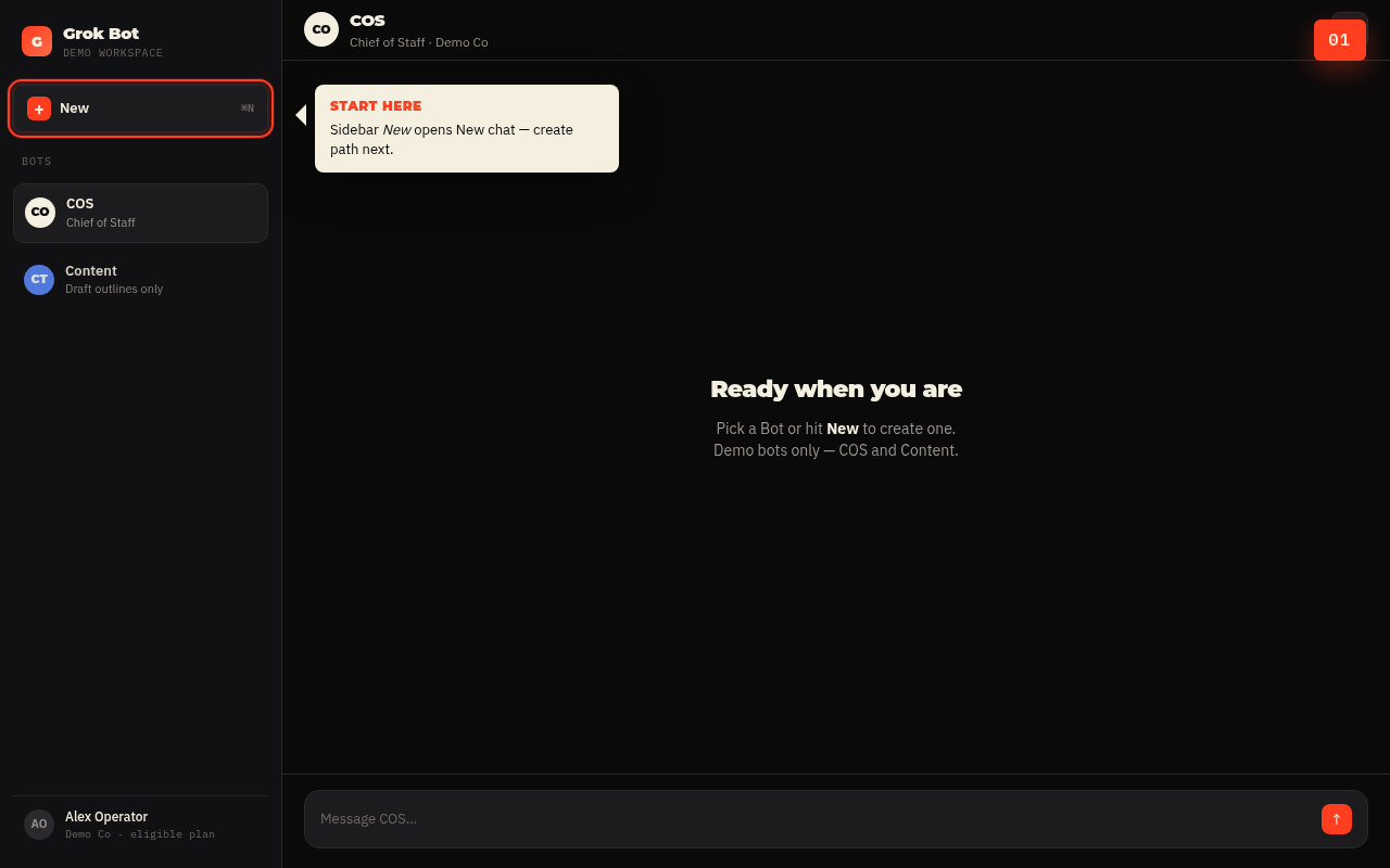 Step 1: App home / sidebar with New highlighted (demo workspace)
