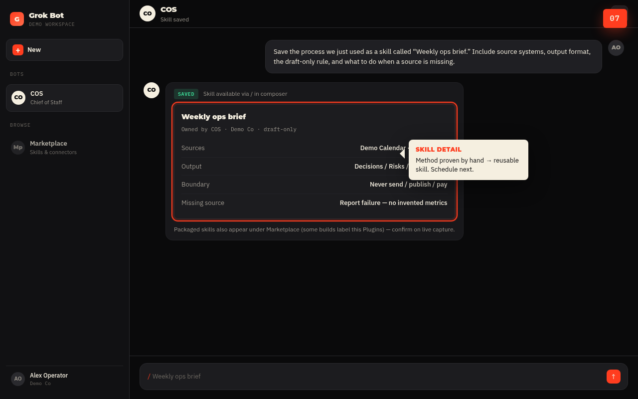 Step 7: Skill save / Weekly ops brief skill detail (demo)