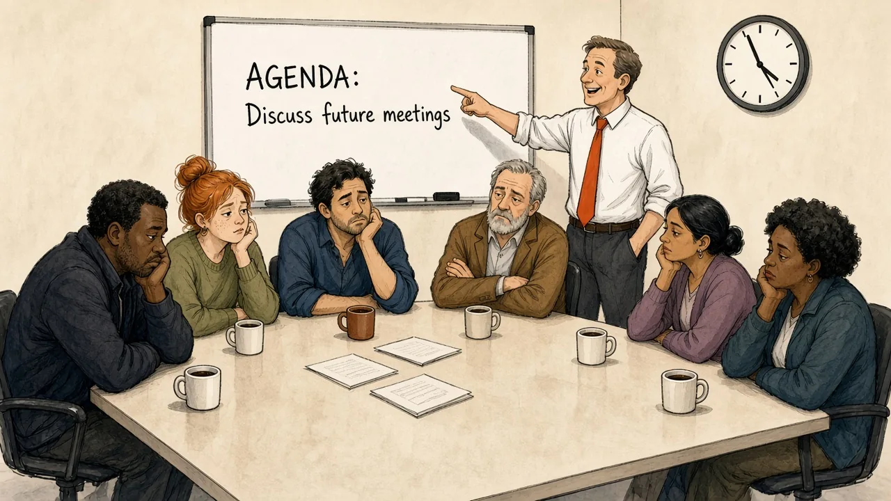 A cheerful manager points at a whiteboard agenda about future meetings while exhausted employees stare at the clock.